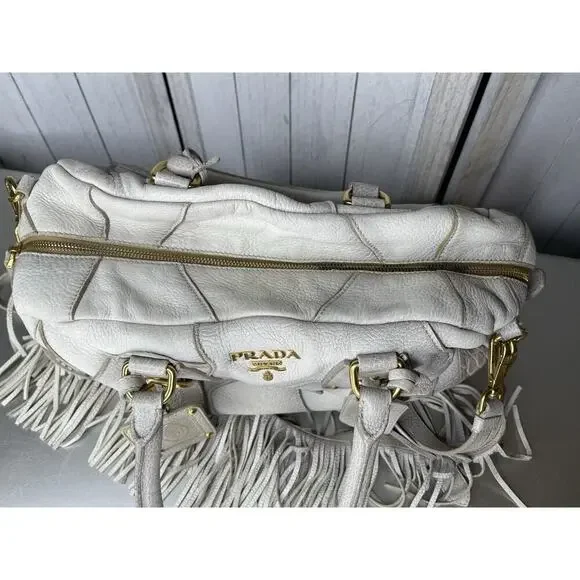 Prada Taupe Gold Leather Antik Cervo Fringe Large Bowler Bag Top Handle - Picture 3 of 16